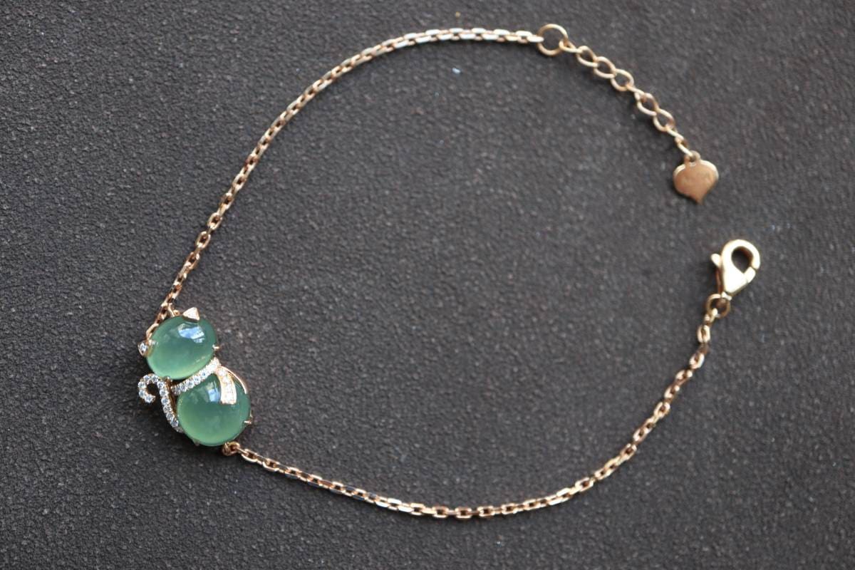 Ice Glass Jade Bracelet, Kitty Bracelet, Burmese Jade Bracelet, Diamond Bracelet, 18K Rose Gold Bracelet, Cute Bracelet, Luxury Bracelet
