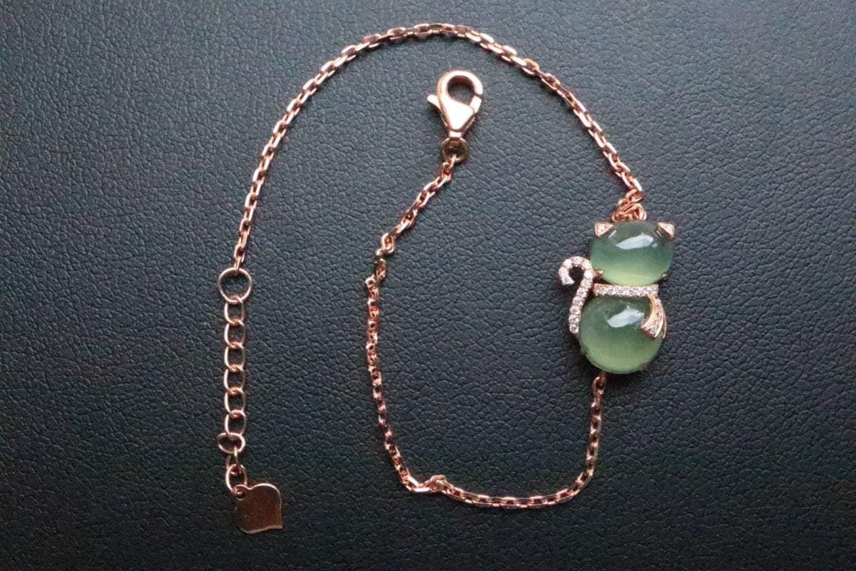 Ice Glass Jade Bracelet, Kitty Bracelet, Burmese Jade Bracelet, Diamond Bracelet, 18K Rose Gold Bracelet, Cute Bracelet, Luxury Bracelet