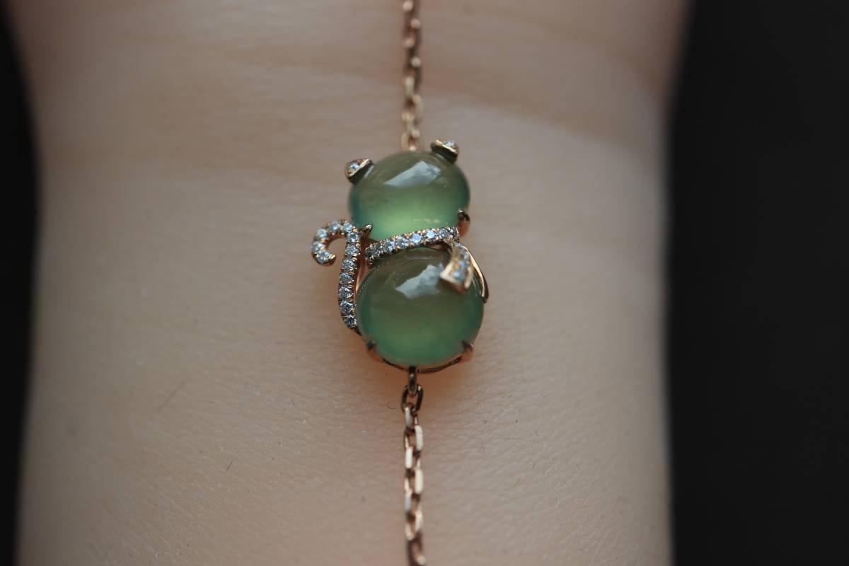 Ice Glass Jade Bracelet, Kitty Bracelet, Burmese Jade Bracelet, Diamond Bracelet, 18K Rose Gold Bracelet, Cute Bracelet, Luxury Bracelet