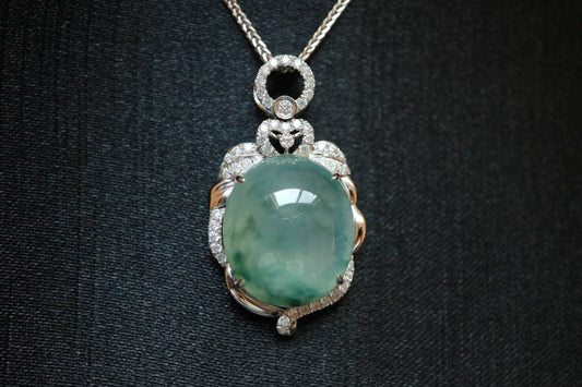 Bi-color Ice Transparent Jade Pendant, Burmese Jade Pendant, 18K White Gold Jade Pendant, Diamond Pendant, Natural Jade, Non-treated Jade