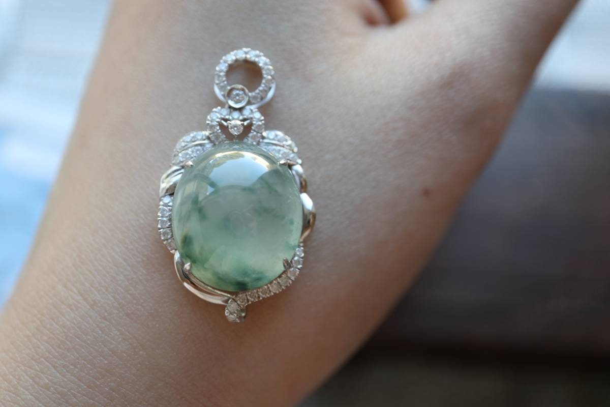 Bi-color Ice Transparent Jade Pendant, Burmese Jade Pendant, 18K White Gold Jade Pendant, Diamond Pendant, Natural Jade, Non-treated Jade