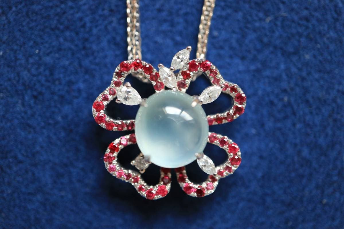 Ruby Diamond Pendant, Burmese Jade Pendant, 18K White Gold Pendant, Four Leaves Lucky Pendant, High Quality Jade Pedant, Women's Jewelry