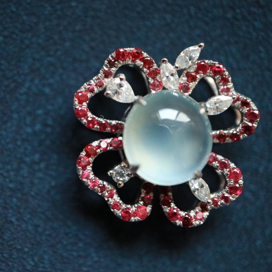 Ruby Diamond Pendant, Burmese Jade Pendant, 18K White Gold Pendant, Four Leaves Lucky Pendant, High Quality Jade Pedant, Women's Jewelry