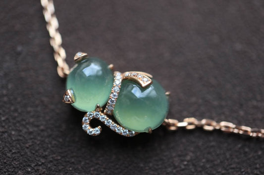 Ice Glass Jade Bracelet, Kitty Bracelet, Burmese Jade Bracelet, Diamond Bracelet, 18K Rose Gold Bracelet, Cute Bracelet, Luxury Bracelet