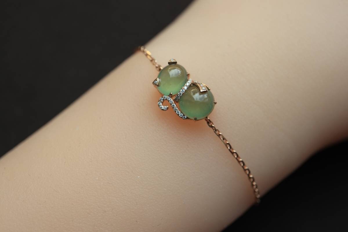 Ice Glass Jade Bracelet, Kitty Bracelet, Burmese Jade Bracelet, Diamond Bracelet, 18K Rose Gold Bracelet, Cute Bracelet, Luxury Bracelet