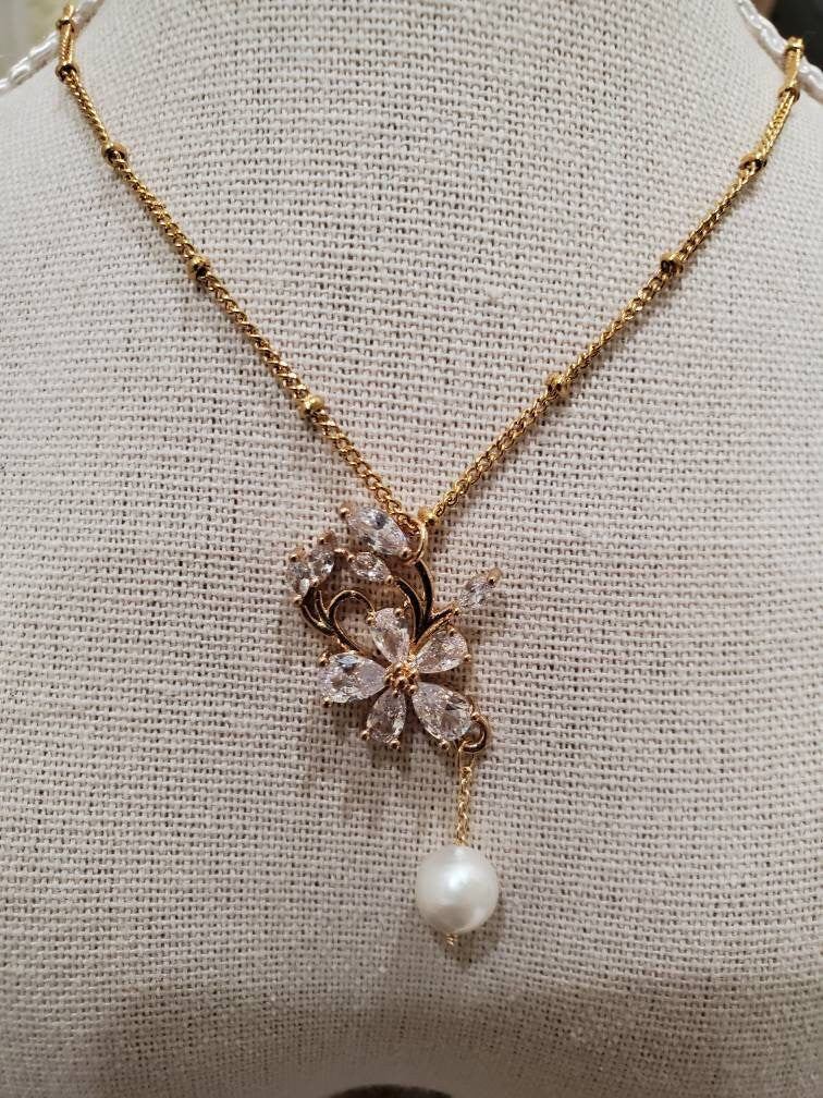 Gold Plated Peony Pendant with Bead Chain Necklace