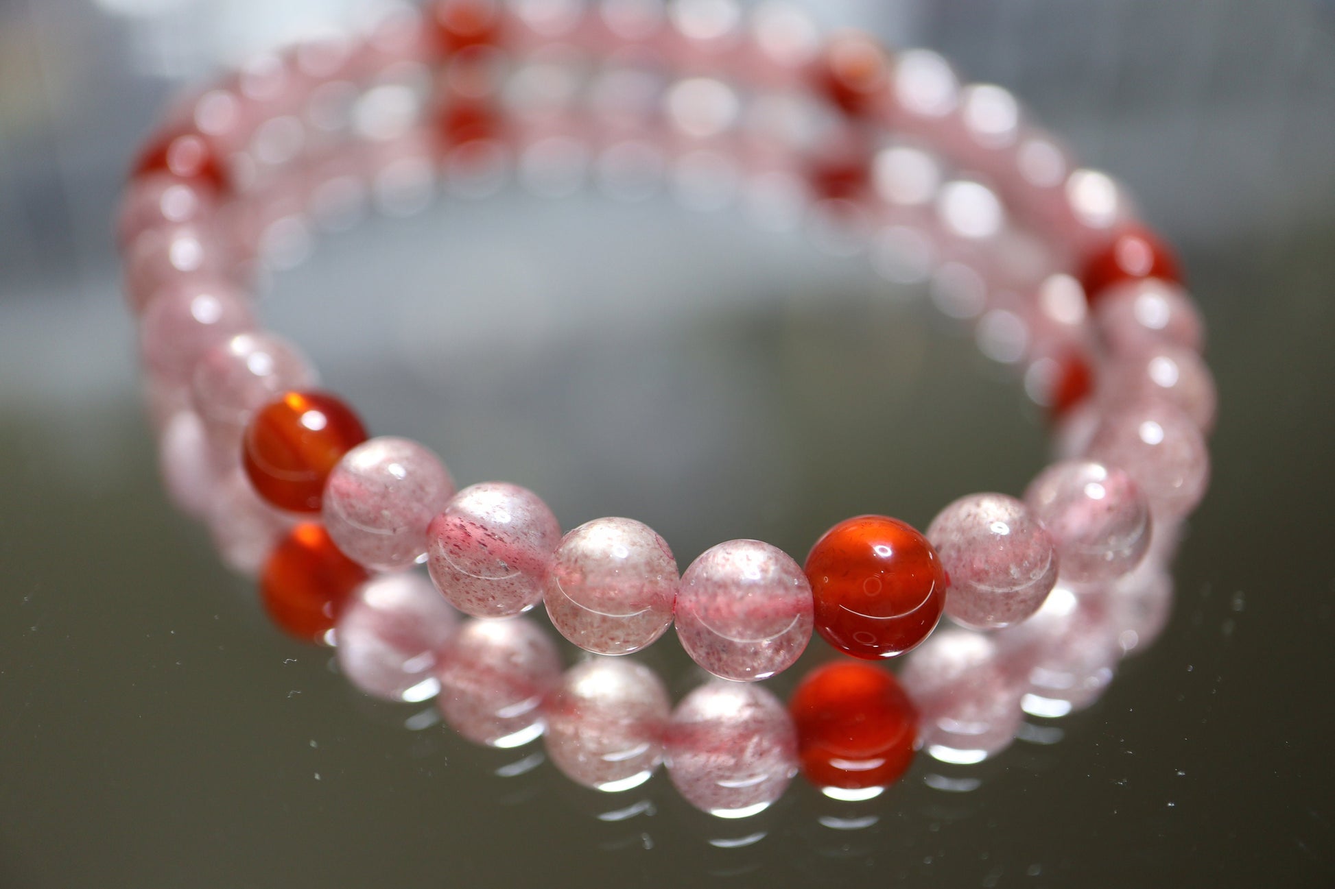 Strawberry Quartz with Red Agate Bead Crystal Bracelet