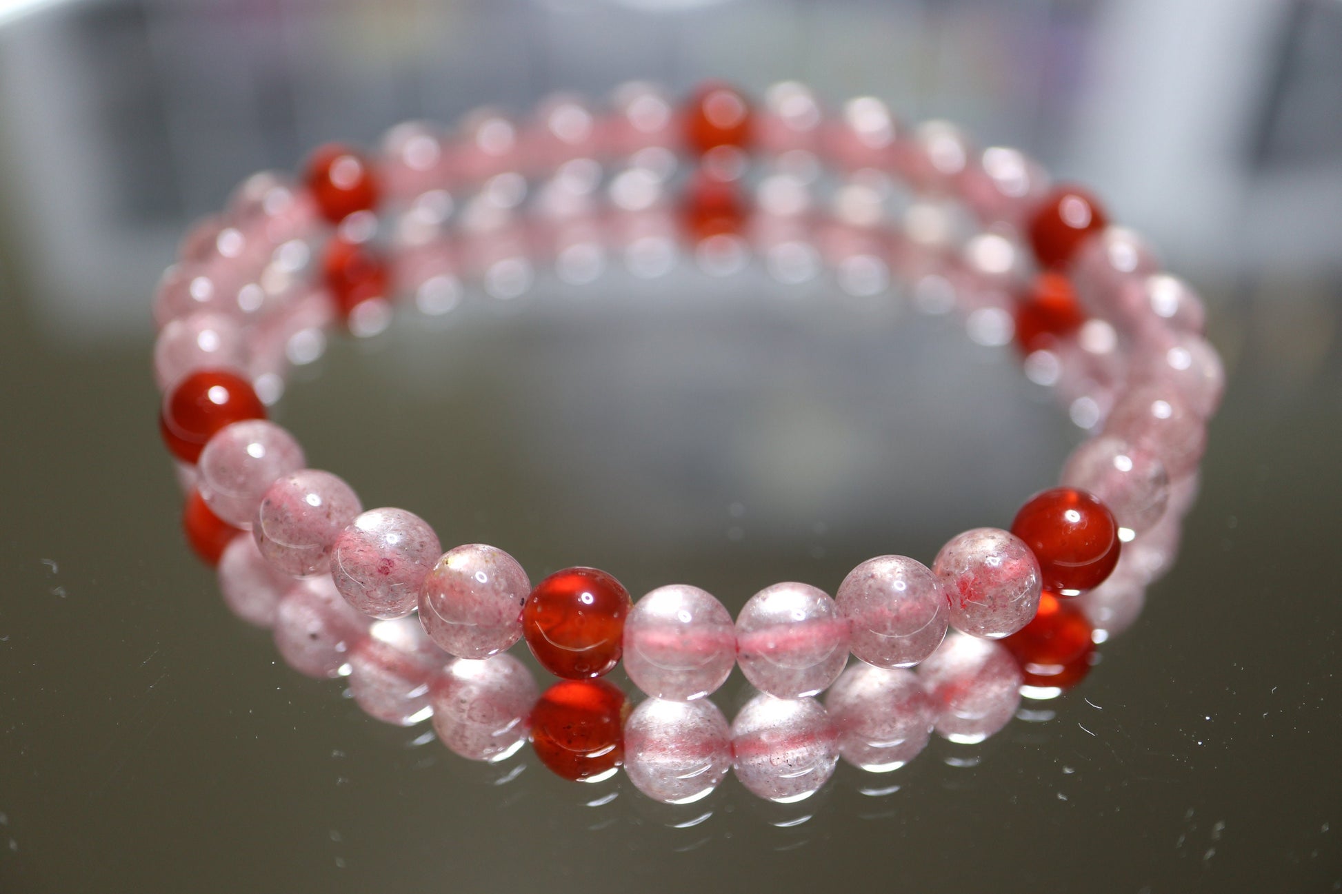 Strawberry Quartz with Red Agate Bead Crystal Bracelet