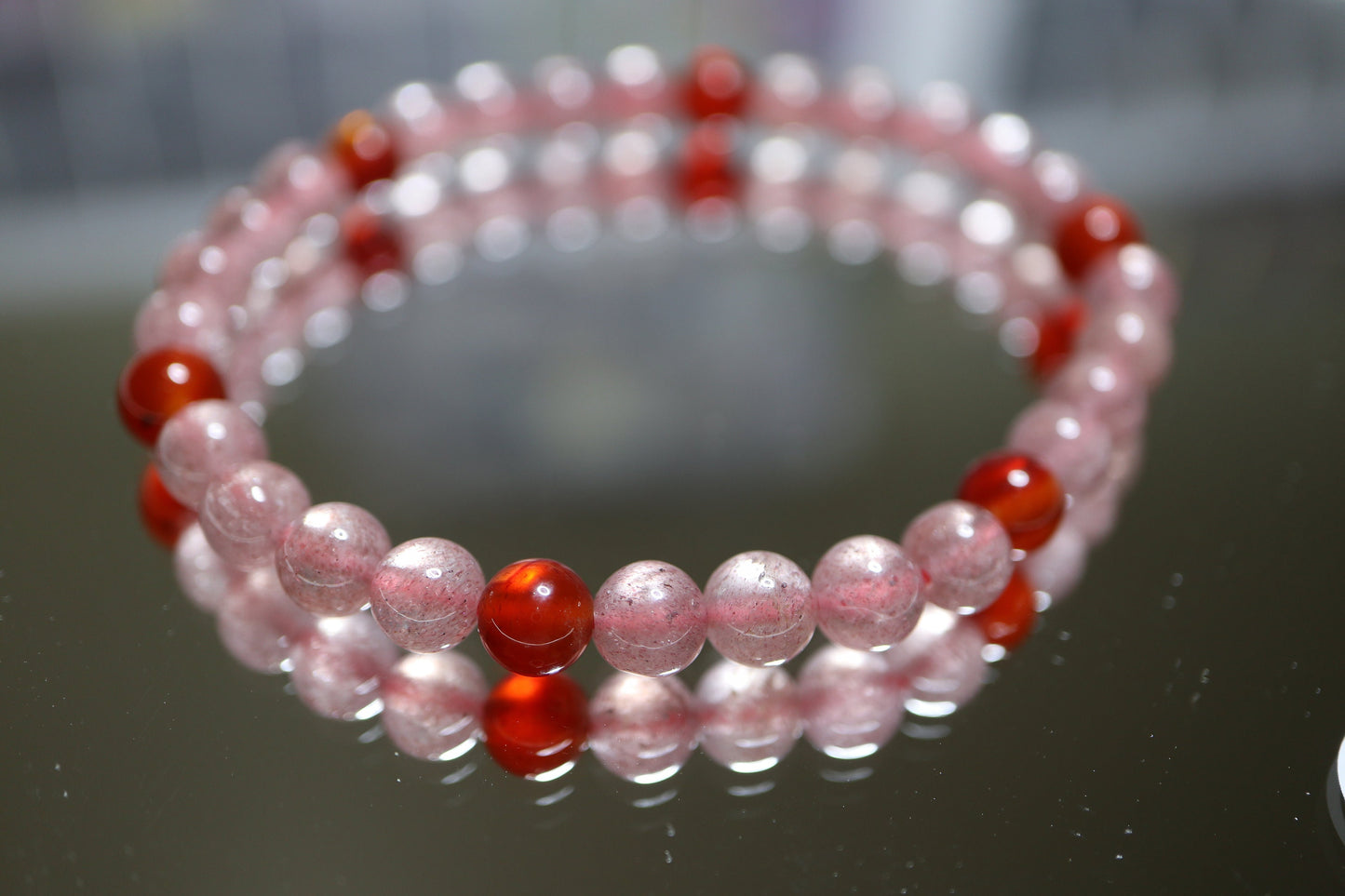 Strawberry Quartz with Red Agate Bead Crystal Bracelet