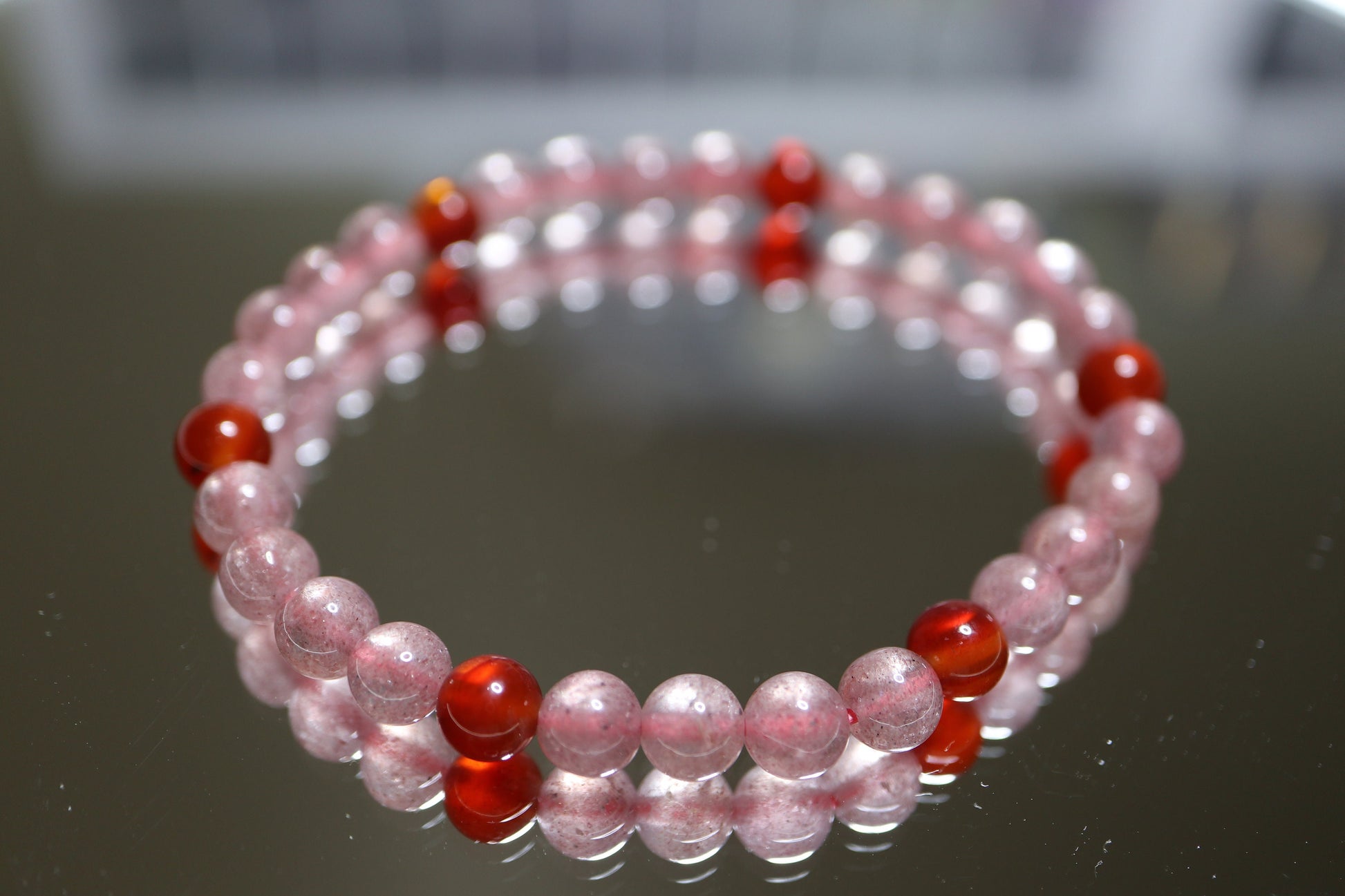 Strawberry Quartz with Red Agate Bead Crystal Bracelet