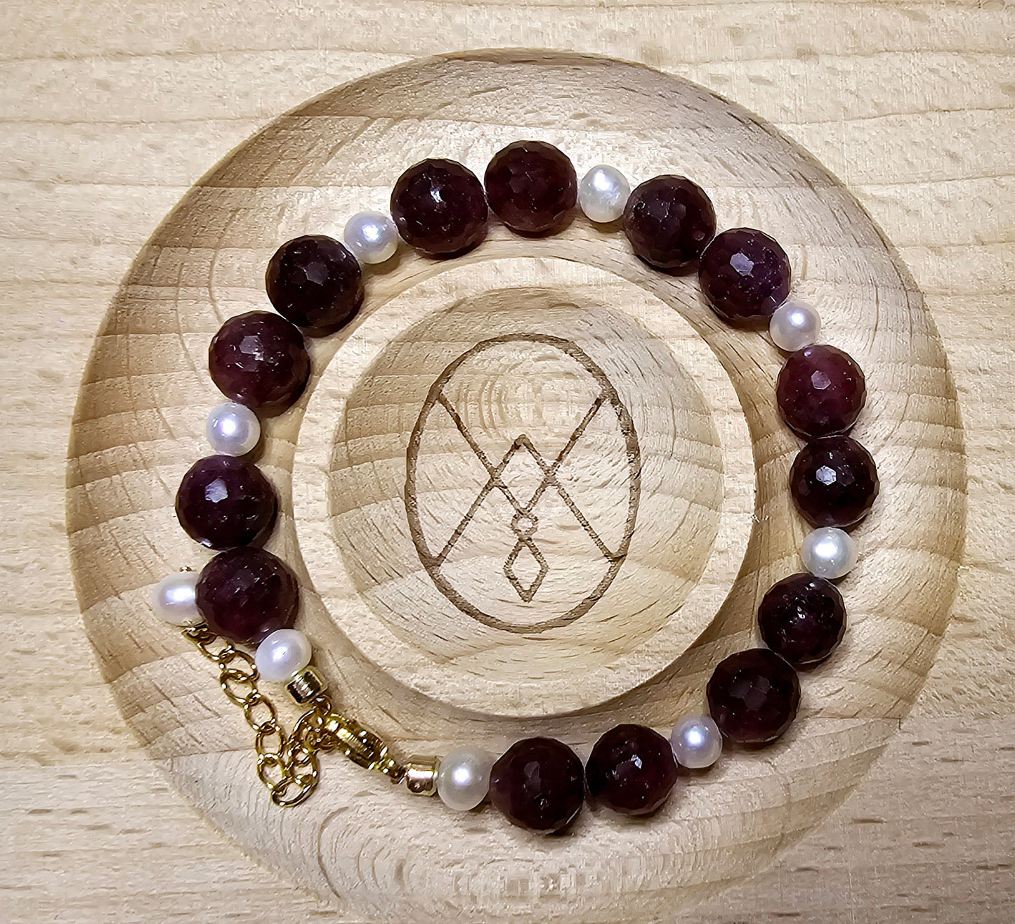 Ruby Stone Bracelet, 14K Gold Plate Chain, Pearl Bracelet