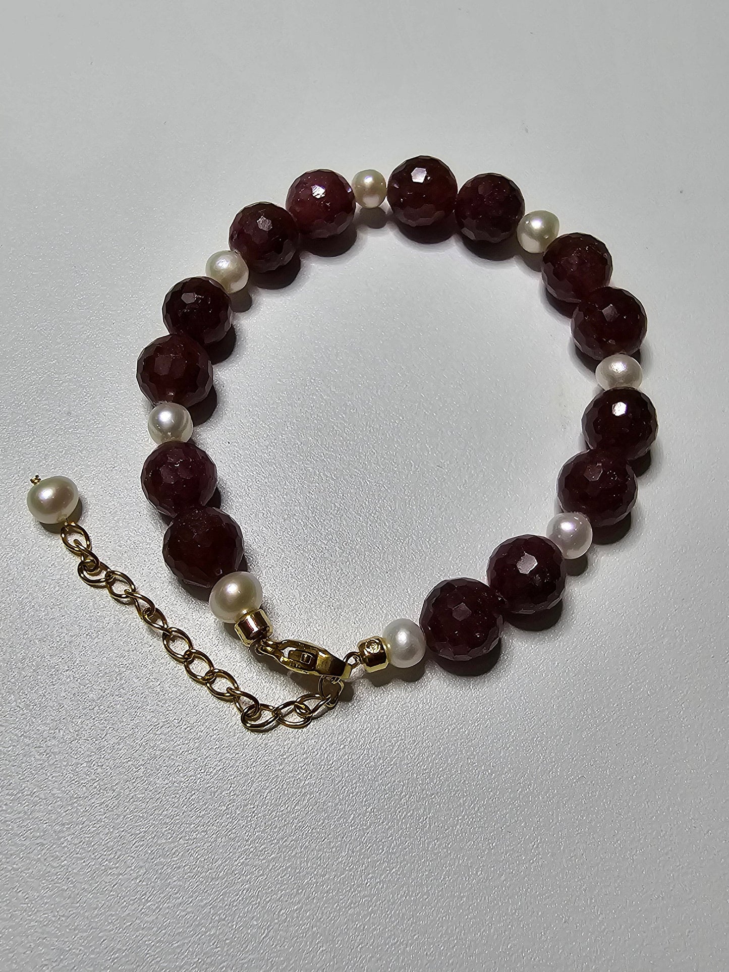 Ruby Stone Bracelet, 14K Gold Plate Chain, Pearl Bracelet