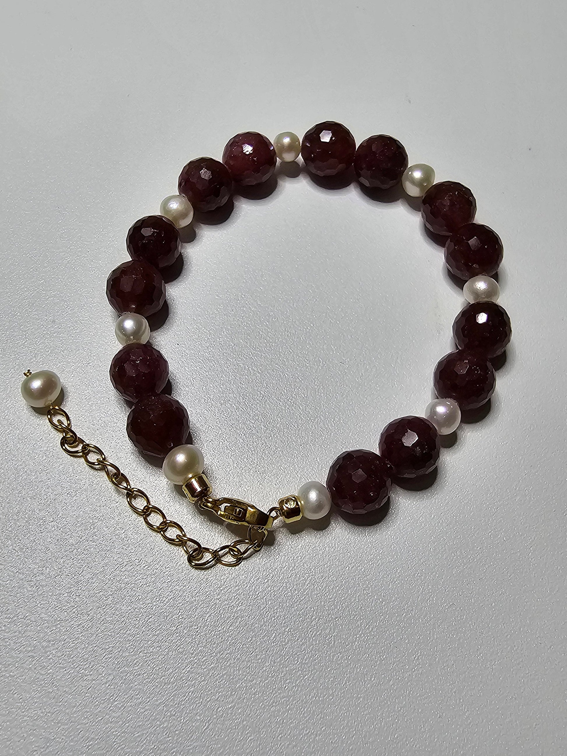 Ruby Stone Bracelet, 14K Gold Plate Chain, Pearl Bracelet