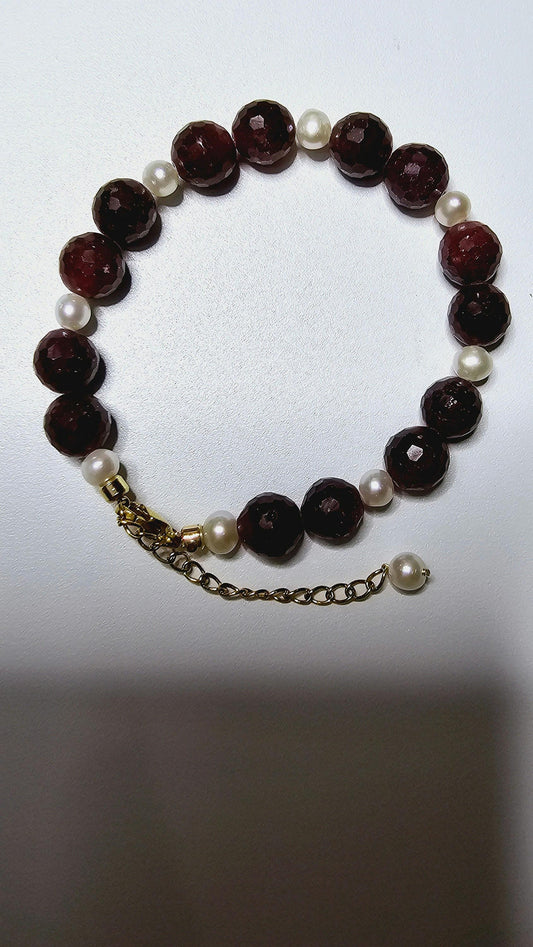 Ruby Stone Bracelet, 14K Gold Plate Chain, Pearl Bracelet