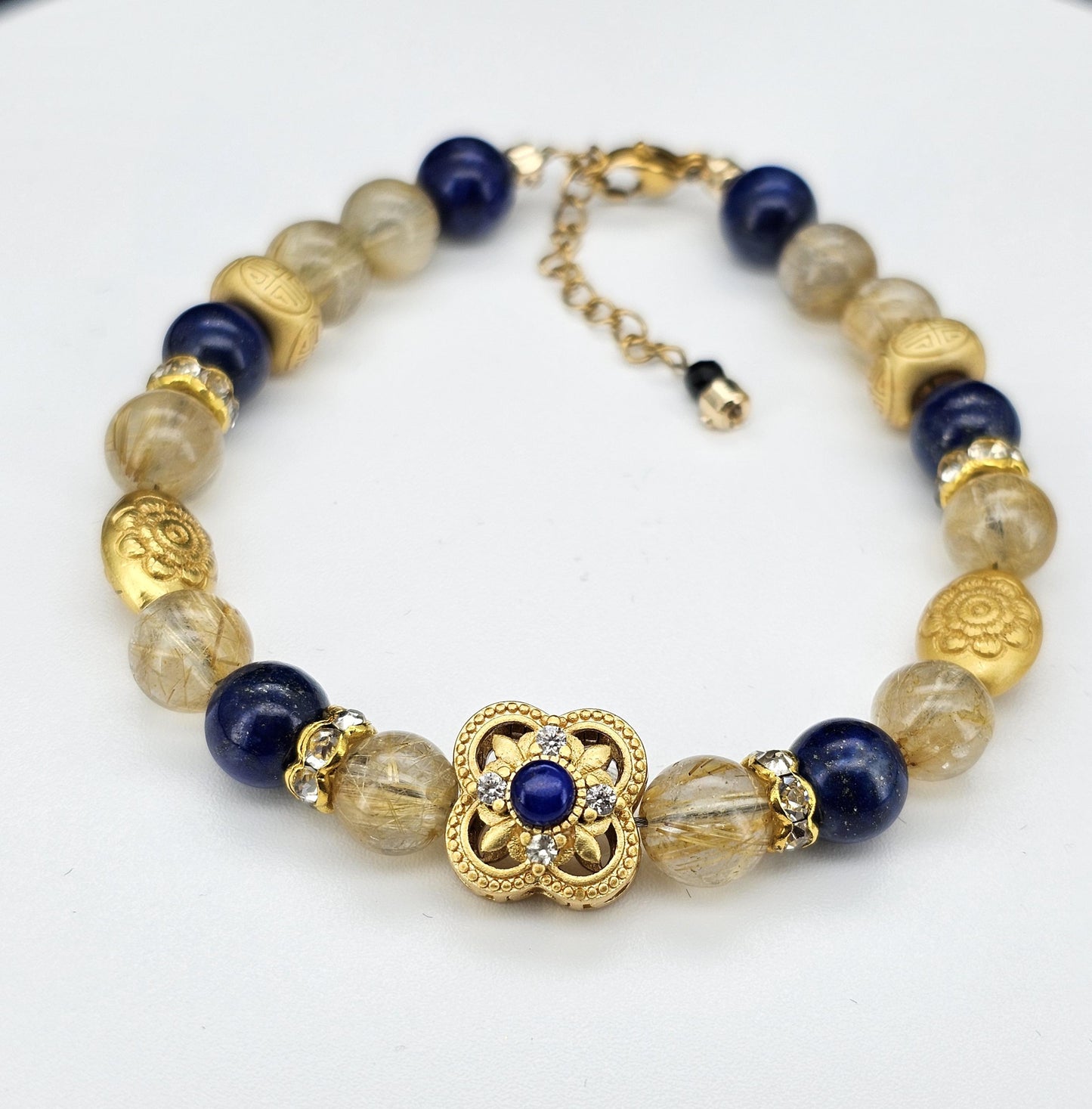 Gold Rutilated Quartz, Lapis Crystal, Gold Hair Quartz,Vintage Style Bracelet