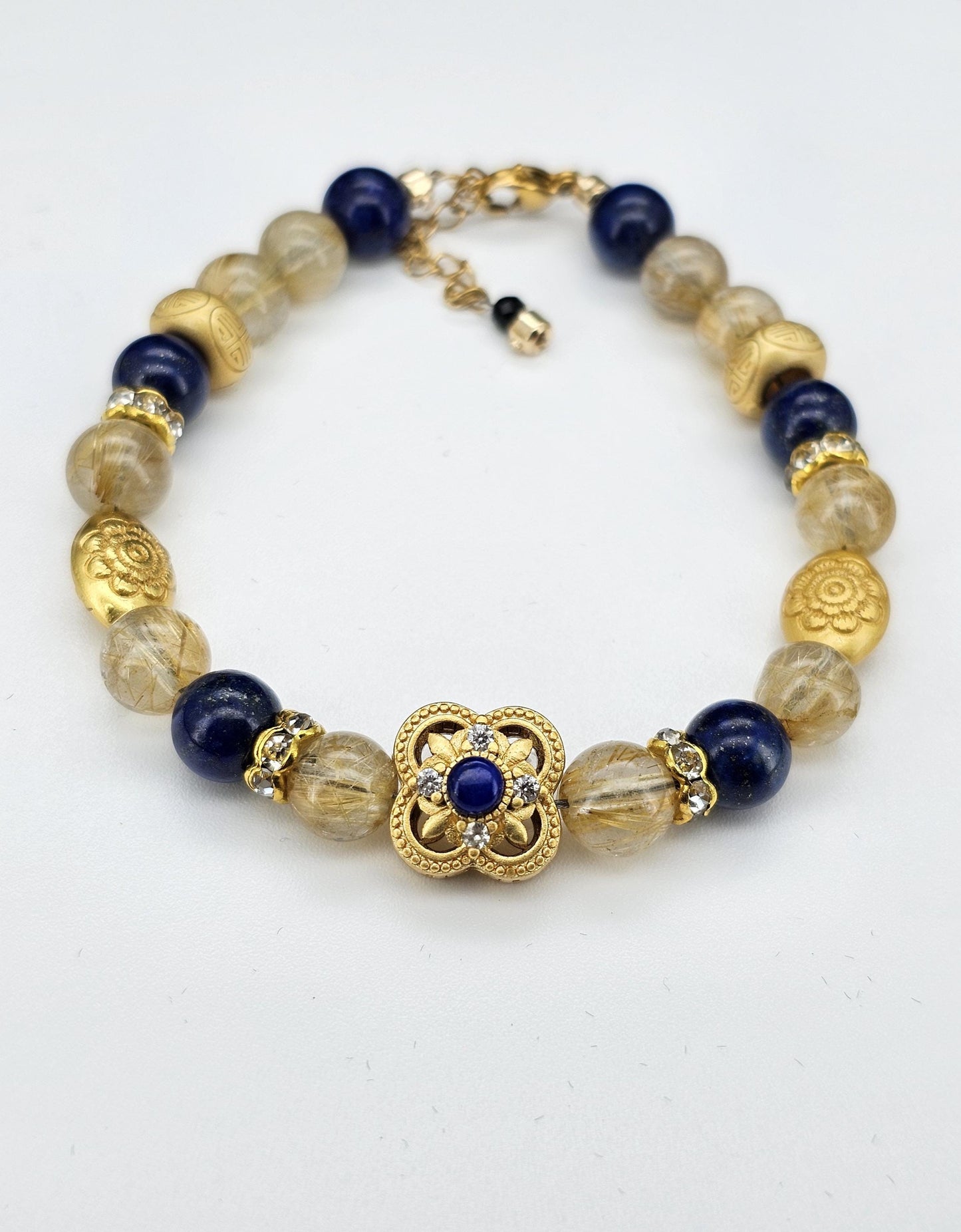 Gold Rutilated Quartz, Lapis Crystal, Gold Hair Quartz,Vintage Style Bracelet