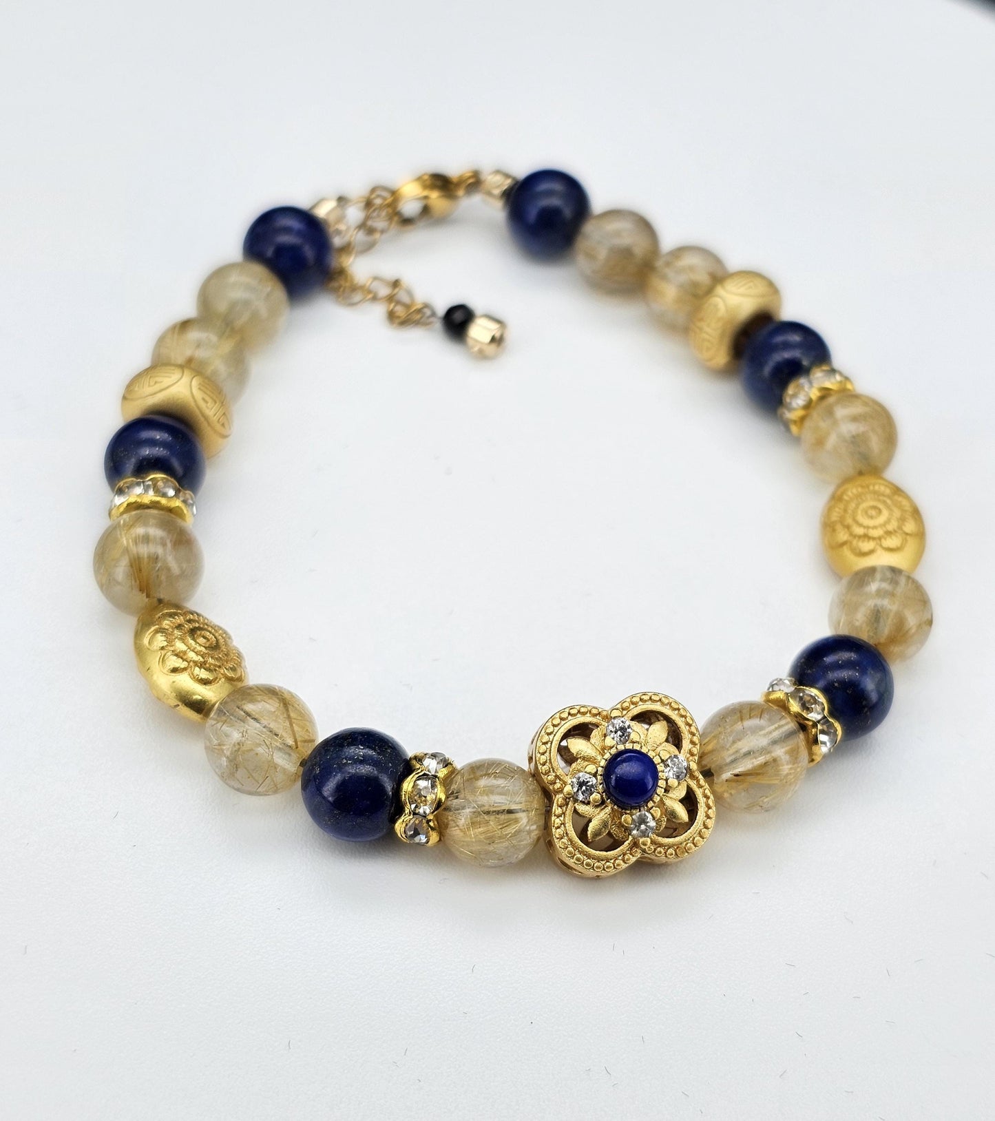 Gold Rutilated Quartz, Lapis Crystal, Gold Hair Quartz,Vintage Style Bracelet