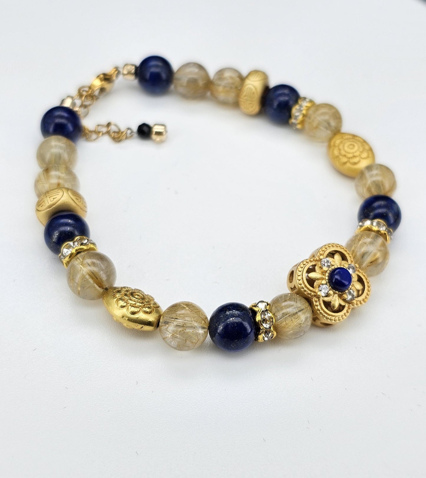 Gold Rutilated Quartz, Lapis Crystal, Gold Hair Quartz,Vintage Style Bracelet