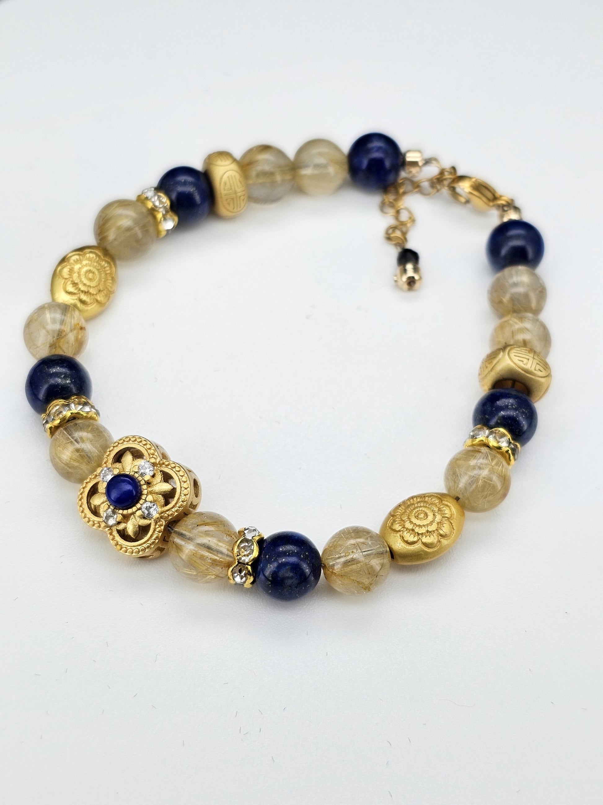 Gold Rutilated Quartz, Lapis Crystal, Gold Hair Quartz,Vintage Style Bracelet