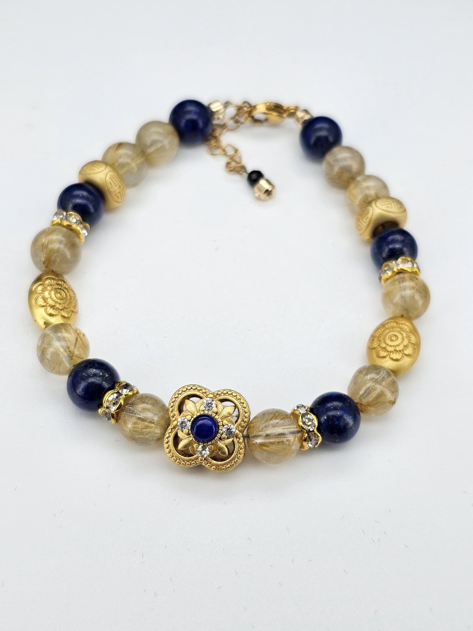 Gold Rutilated Quartz, Lapis Crystal, Gold Hair Quartz,Vintage Style Bracelet