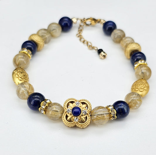 Gold Rutilated Quartz, Lapis Crystal, Gold Hair Quartz,Vintage Style Bracelet