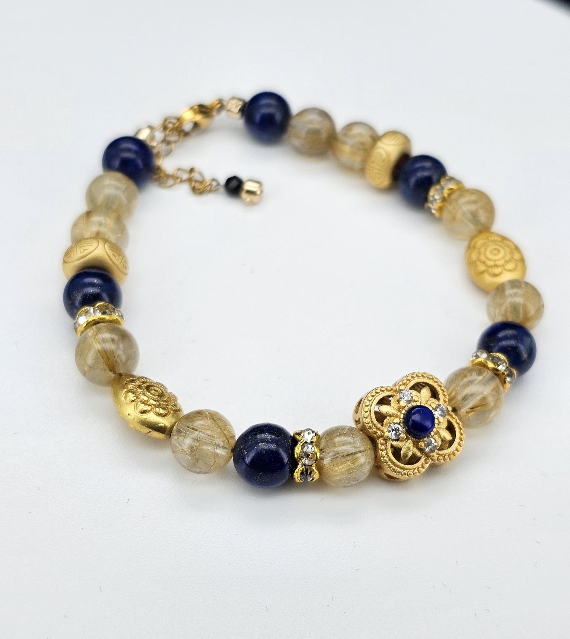Gold Rutilated Quartz, Lapis Crystal, Gold Hair Quartz,Vintage Style Bracelet