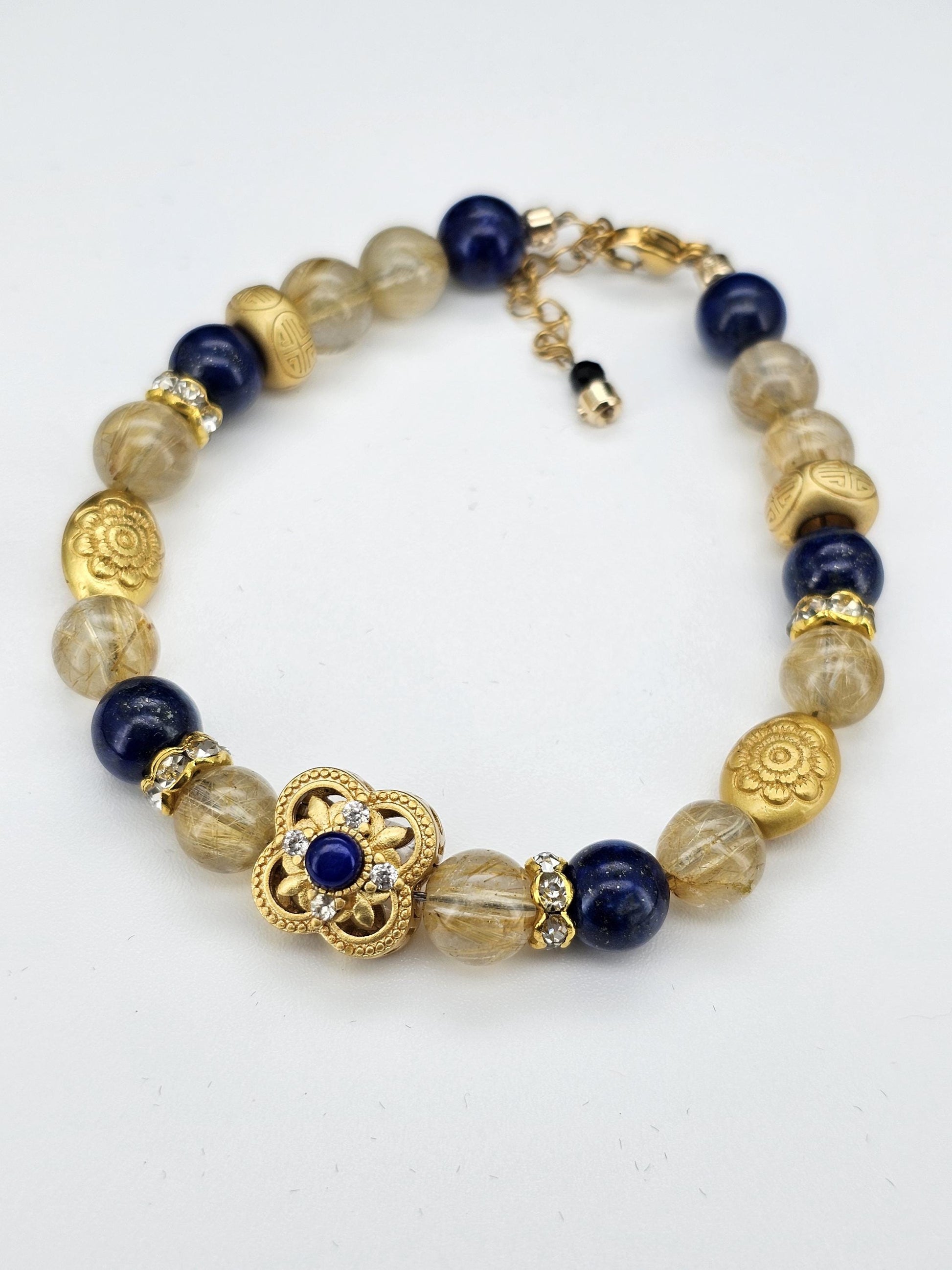 Gold Rutilated Quartz, Lapis Crystal, Gold Hair Quartz,Vintage Style Bracelet
