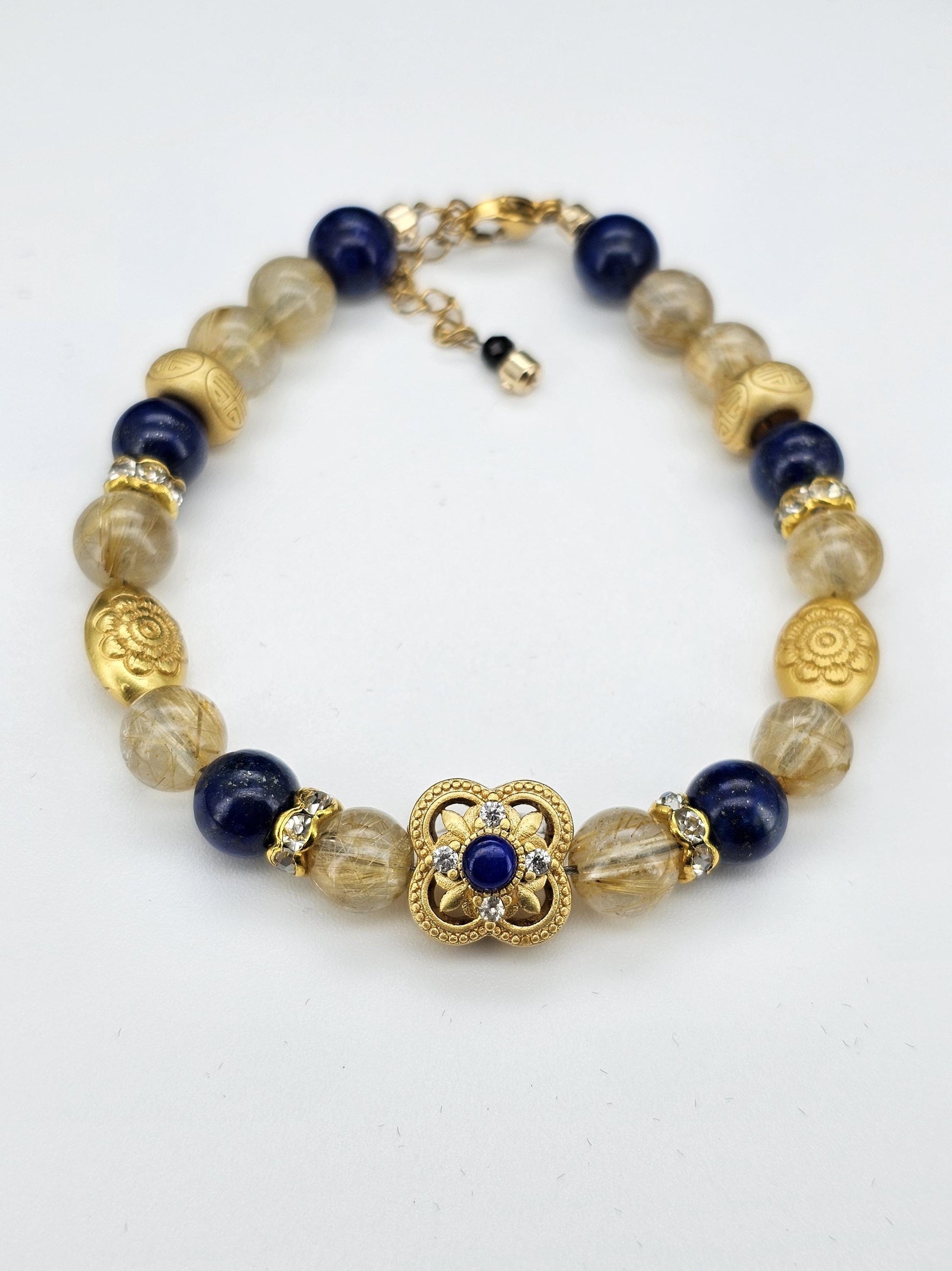 Gold Rutilated Quartz, Lapis Crystal, Gold Hair Quartz,Vintage Style Bracelet