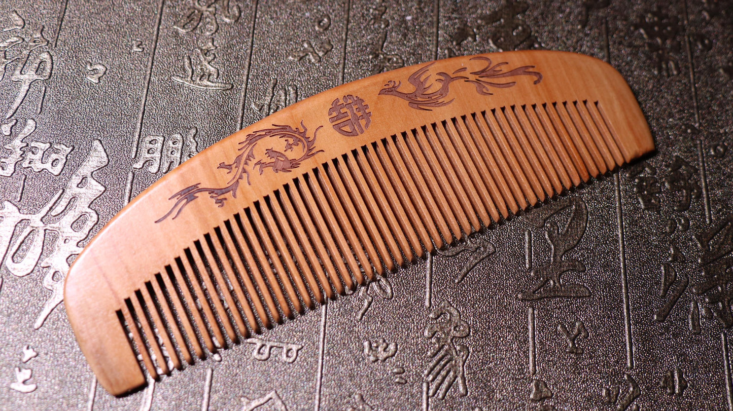 Peach Wood Comb, Marriage Custom Comb, Scalp Health, Massage Comb, Dragon and Phoenix
