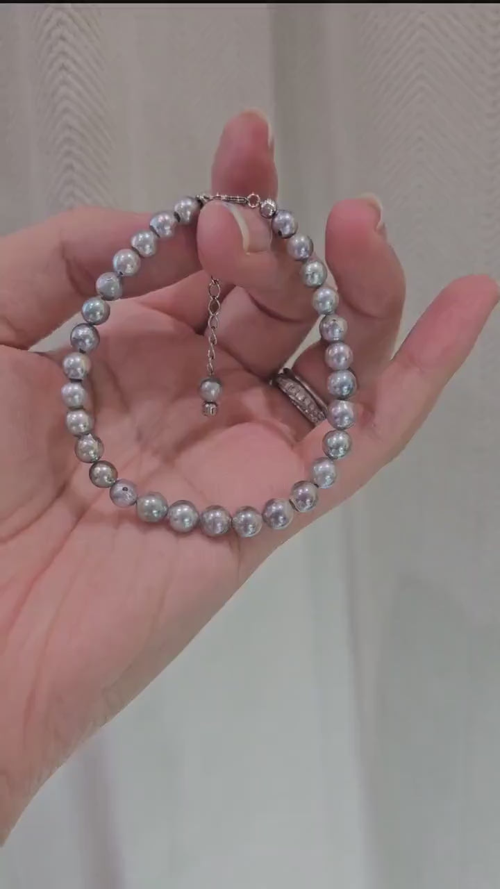Natural Seawater Akoya Pearl with Grey Color, Small Saltwatee Akoya Pearl Bracelet